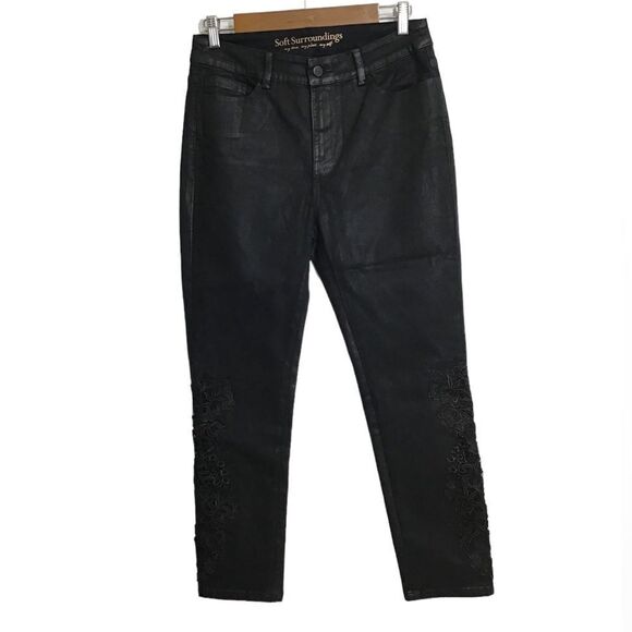 Soft Surroundings Black Wax Coated Embroidered Denim Jeans - Picture 1 of 10